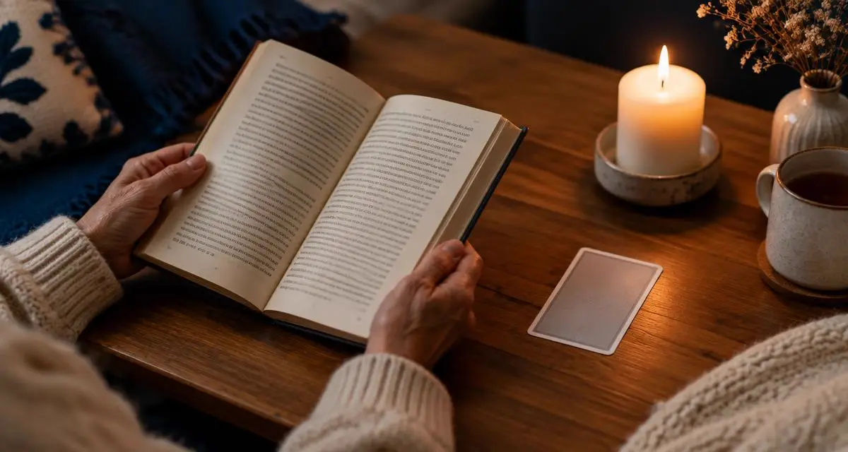Ältere Person liest abends bei Kerzenlicht in einem Buch, daneben eine verdeckte Karte
