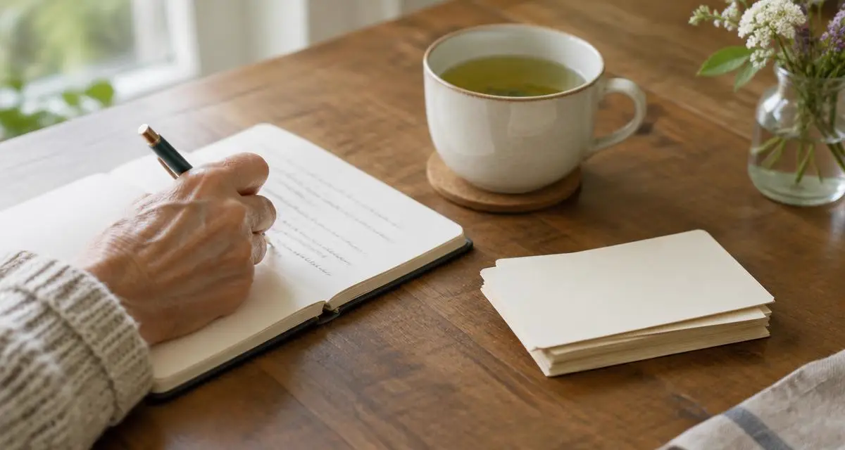 Ältere Hand schreibt in ein Notizbuch, daneben ein Stapel verdeckter Karten und eine Tasse Tee im Morgenlicht